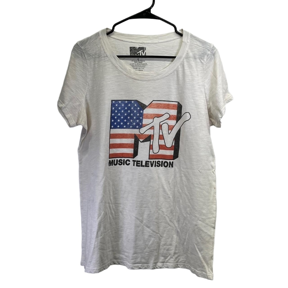 MTV Womens White Short Sleeve Graphic Crew‎ Neck Printed Logo TShirt Small